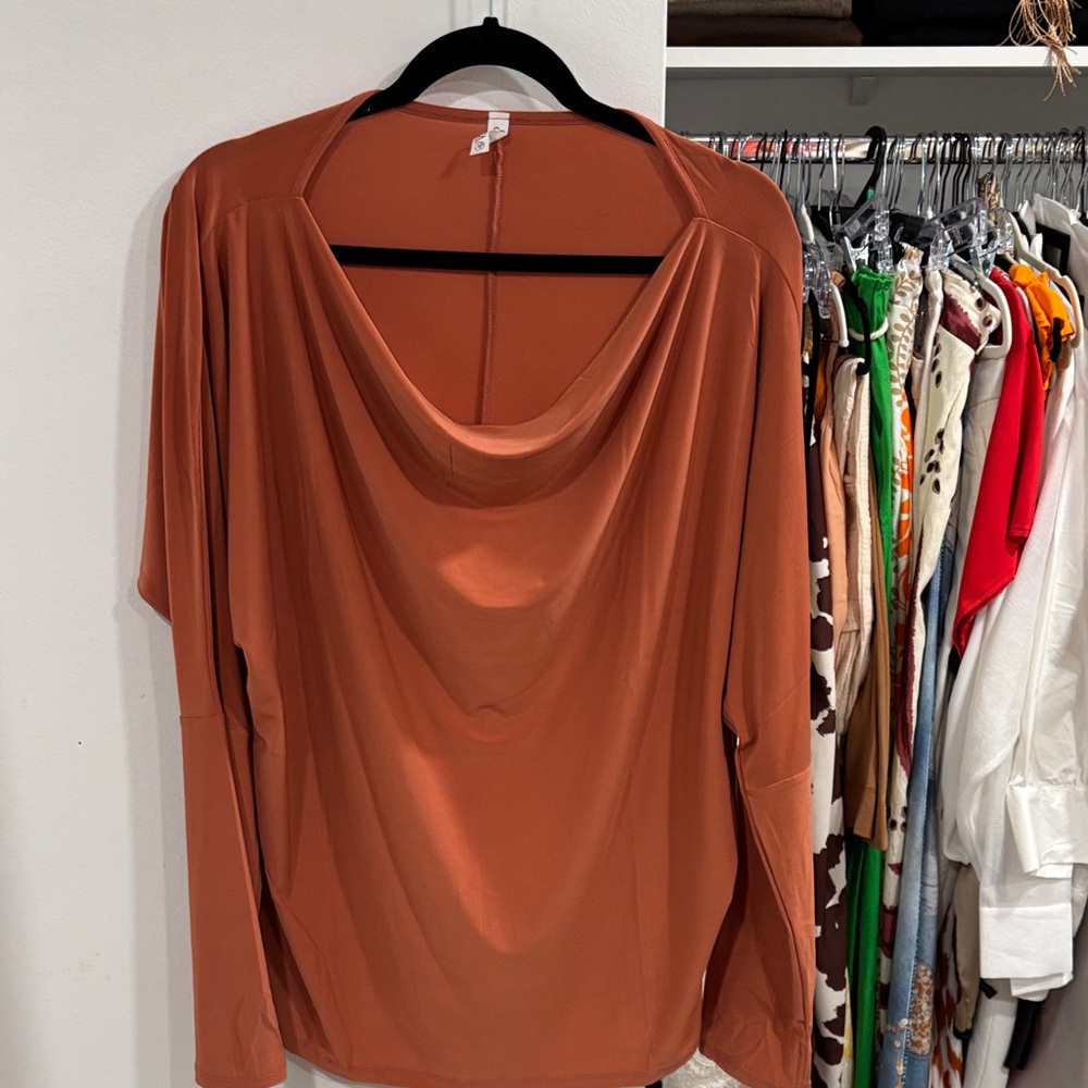 Draped Cowl-Neck Long-Sleeve Top in Rust